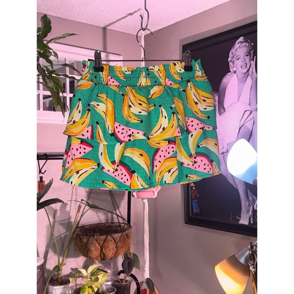 Old Navy Skort Kids Size L 10-12 Green Banana Watermelon‎ Ruffle Fruit Skirt